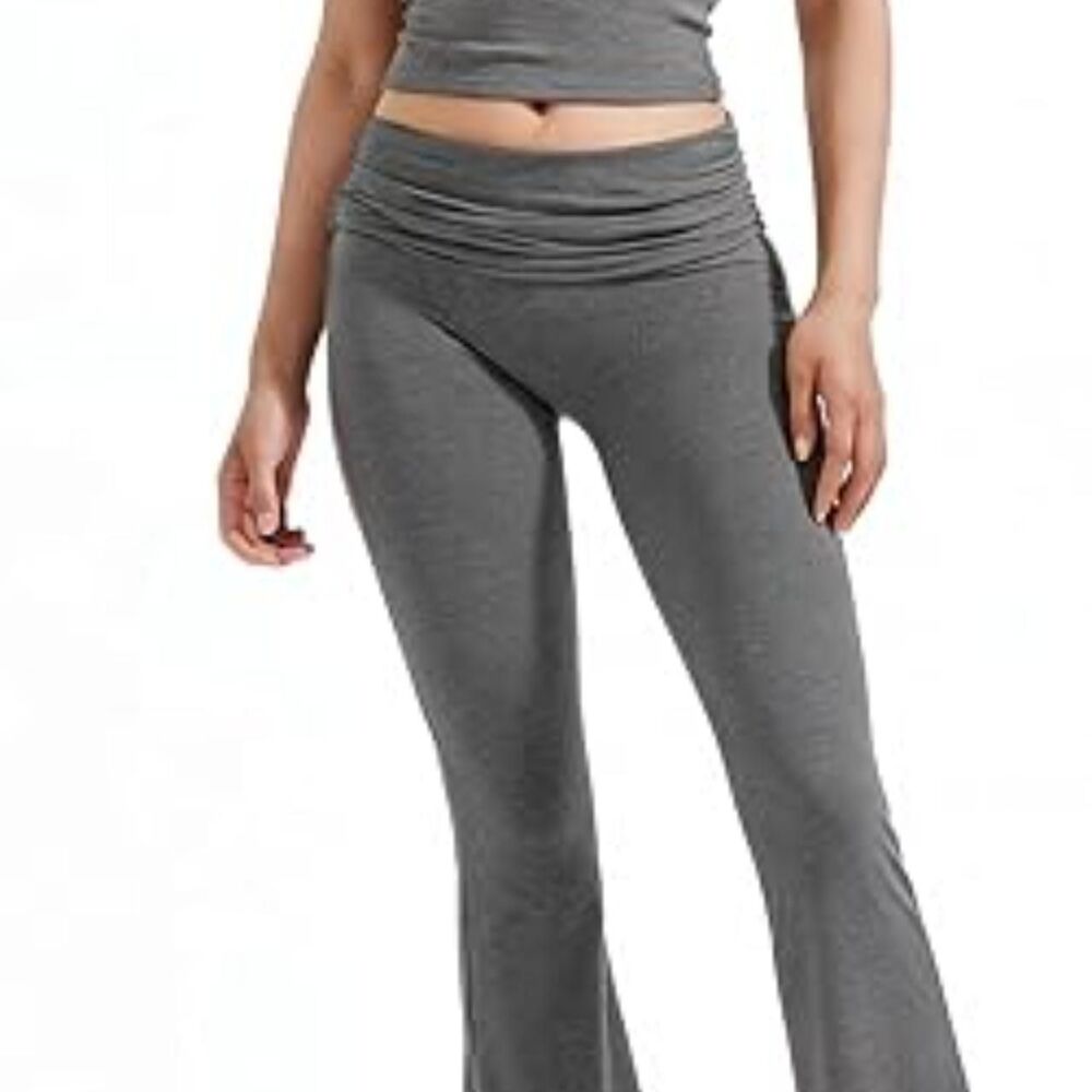 Y2K Foldover High Waisted Flare Yoga Pants Ruched Tummy Control Soft Stretch Lou